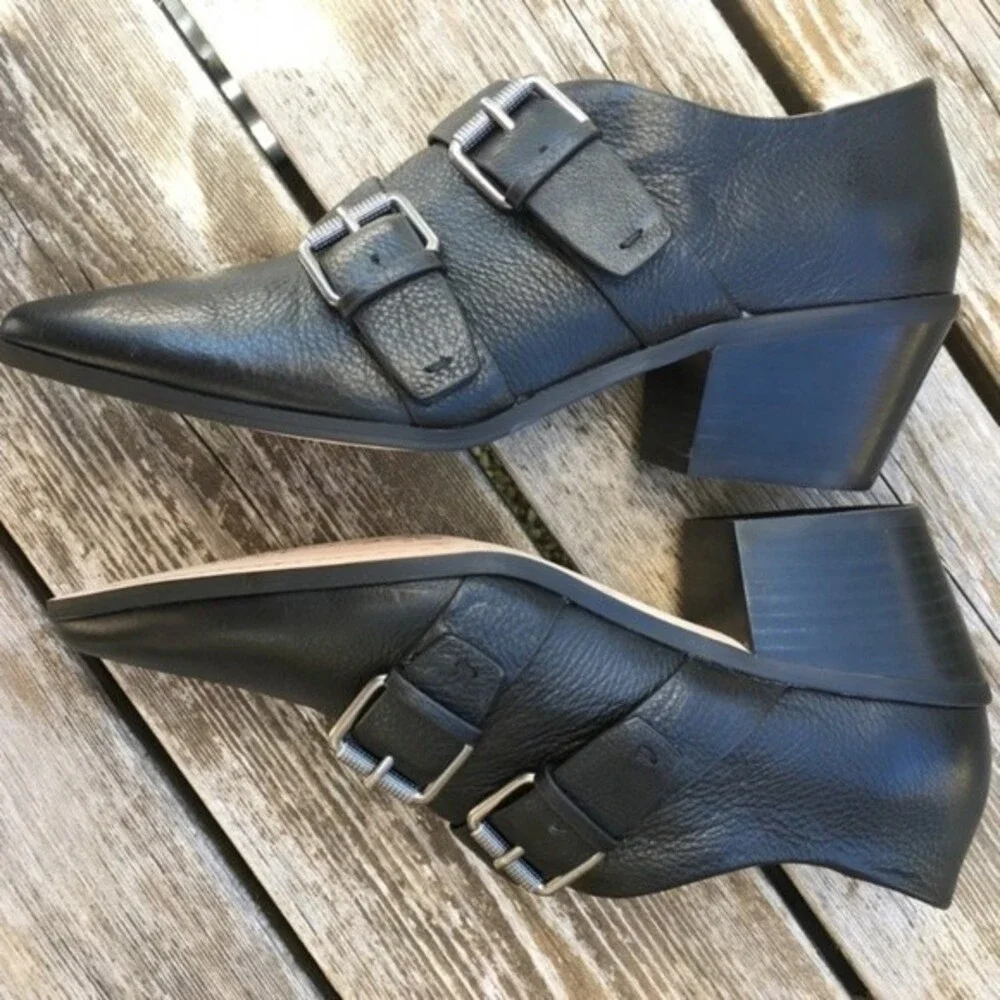 Anthropologie Splendid Carla Buckle Point Toe Black Leather Booties 8.5 NWOB